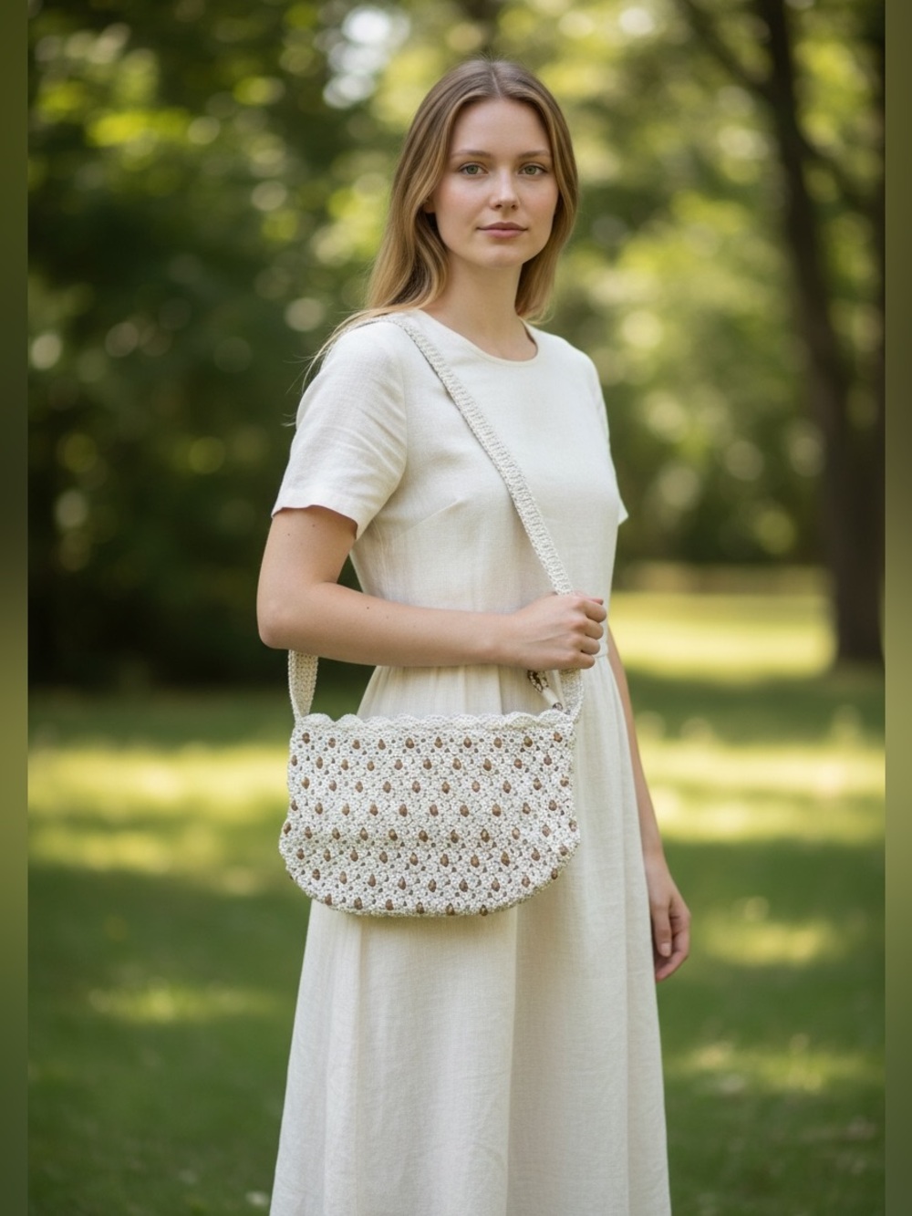 The SAK Zip Top Crochet Beaded Shoulder Hobo Bag in Light Beige